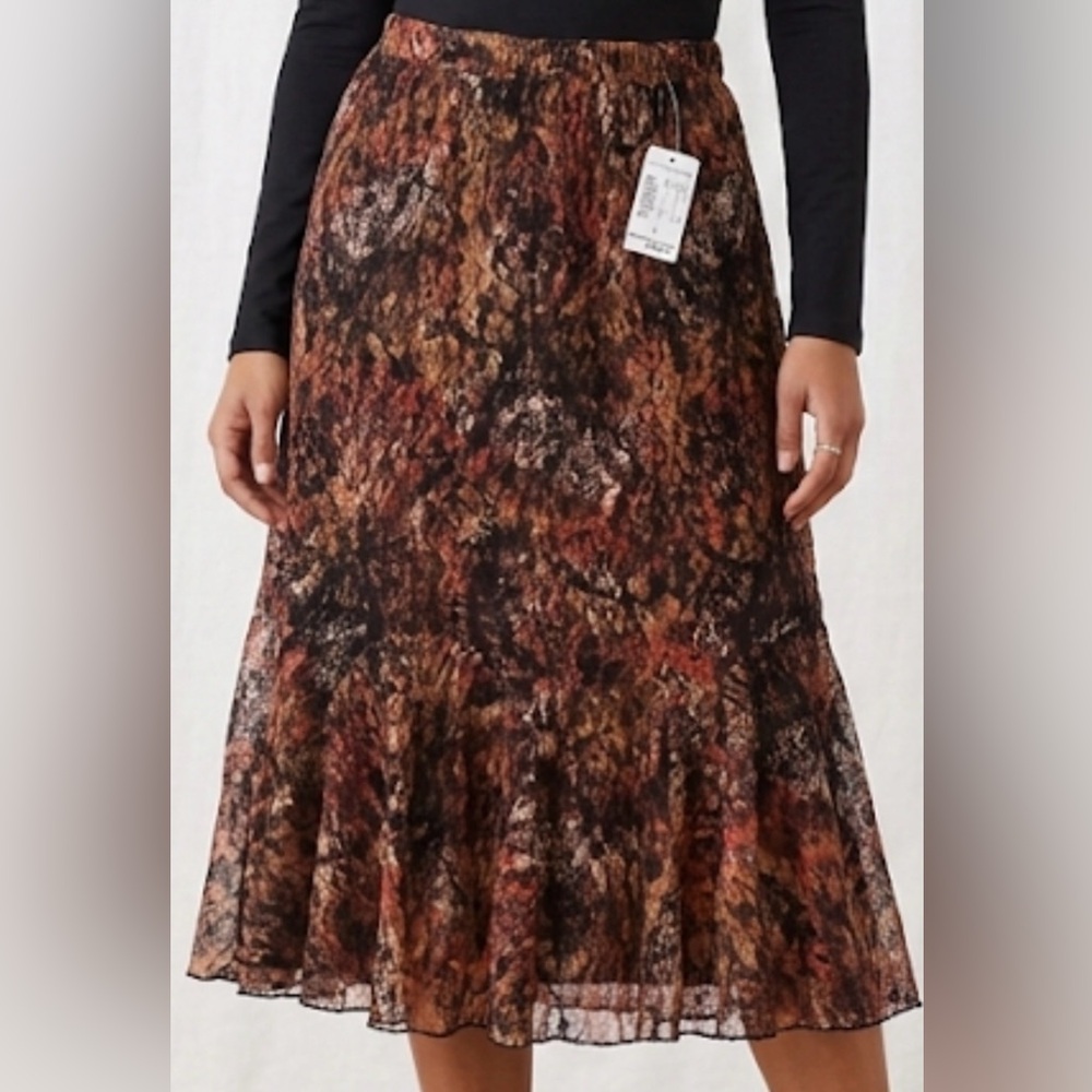 Christopher & Banks Brown Earth Tone Floral Lace Midi Skirt NWT S